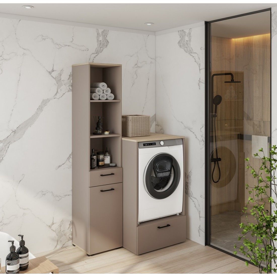 Conjunto de muebles de almacenamiento para lavadora colección WASHING – Mueble bajo y mueble alto – Topo y roble