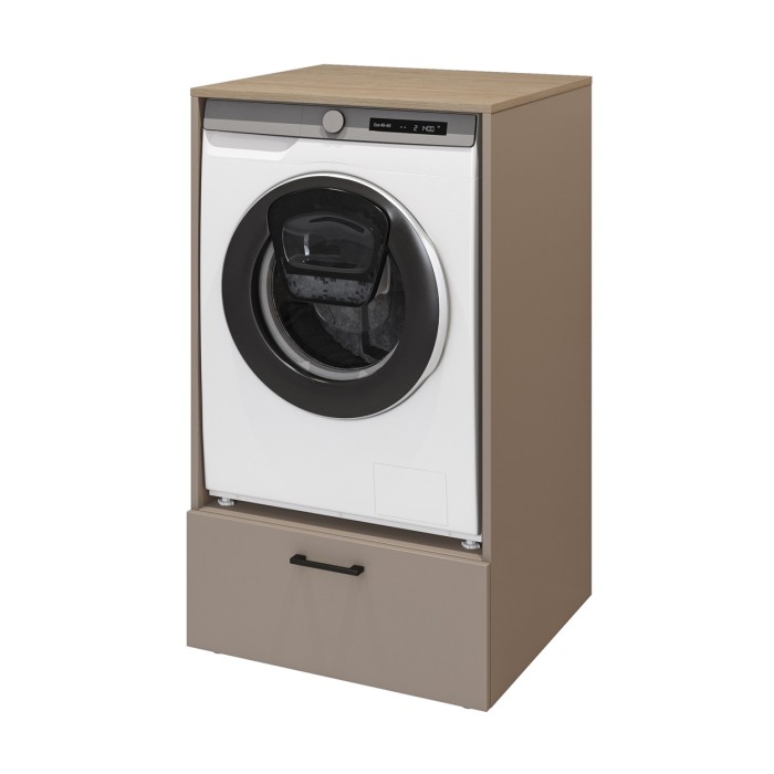 Insieme di mobili per la lavanderia collezione WASHING – Mobile basso e mobile alto – Tortora e rovere