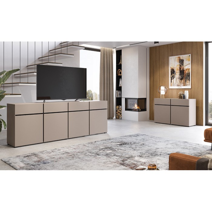 Buffet XL colori beige e nero 225cm collezione HAVANA. Credenza di design con 4 porte e 4 cassetti.