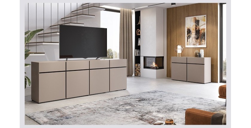 Buffet XL kleur beige en zwart 225cm collectie HAVANA. Dressoir design met 4 deuren en 4 laden.
