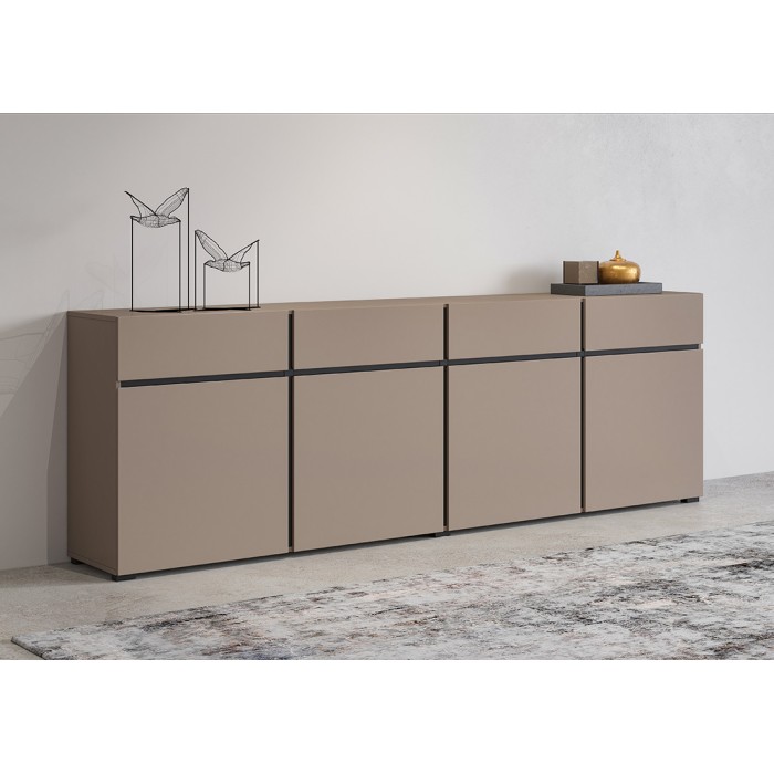 Buffet XL colori beige e nero 225cm collezione HAVANA. Credenza di design con 4 porte e 4 cassetti.