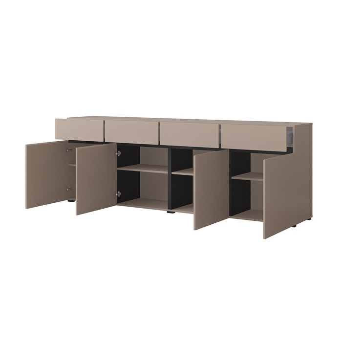 Buffet XL colori beige e nero 225cm collezione HAVANA. Credenza di design con 4 porte e 4 cassetti.