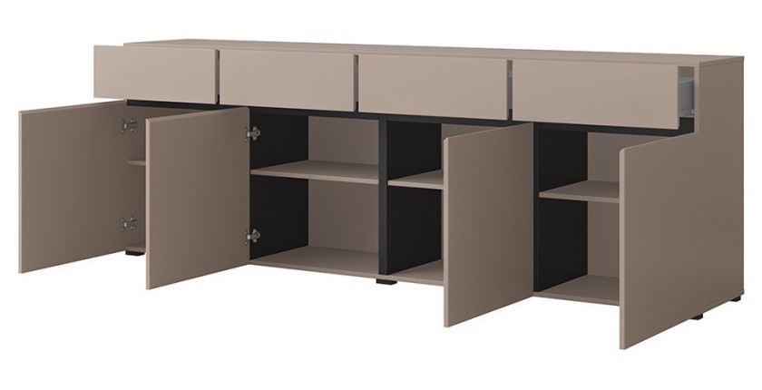 Buffet XL kleur beige en zwart 225cm collectie HAVANA. Dressoir design met 4 deuren en 4 laden.