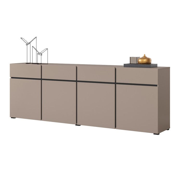 Buffet XL colori beige e nero 225cm collezione HAVANA. Credenza di design con 4 porte e 4 cassetti.