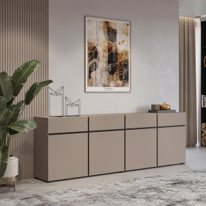 Buffet XL kleur beige en zwart 225cm collectie HAVANA. Dressoir design met 4 deuren en 4 laden.