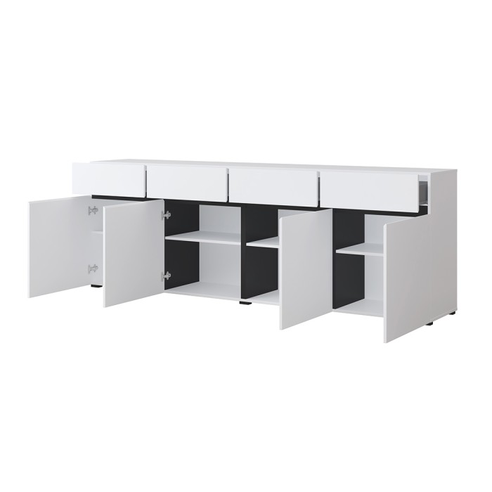 Buffet XL in wit en zwart 225cm collectie HAVANA. Dressoir design met 4 deuren en 4 laden.