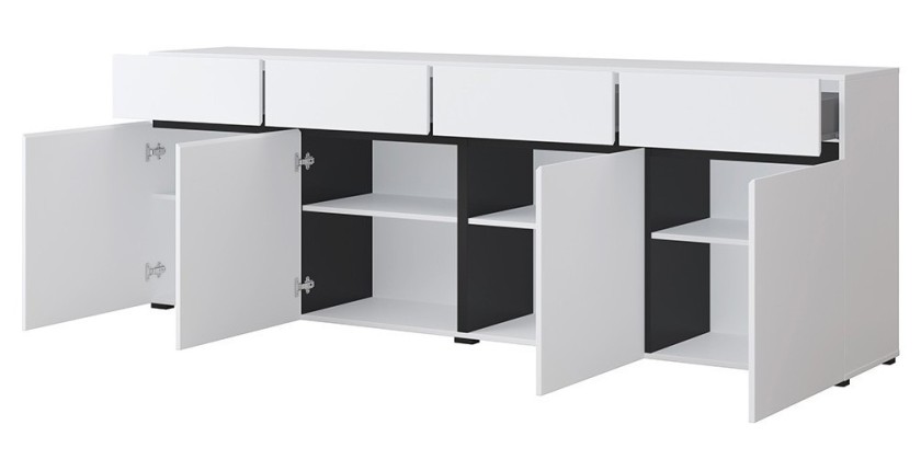 Buffet XL in Weiß und Schwarz, 225 cm, Kollektion HAVANA. Sideboard im Design mit 4 Türen und 4 Schubladen.