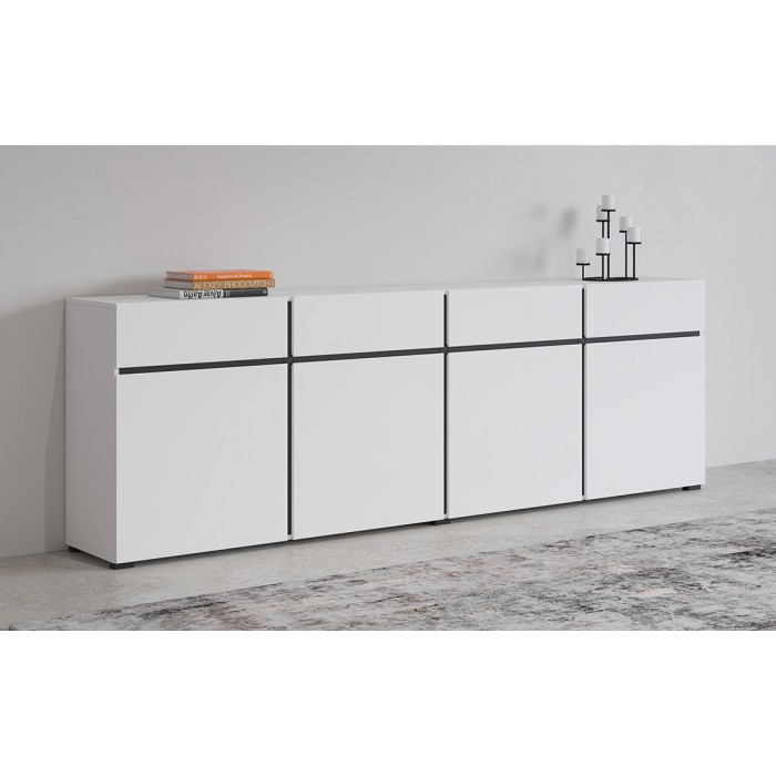 Buffet XL in wit en zwart 225cm collectie HAVANA. Dressoir design met 4 deuren en 4 laden.