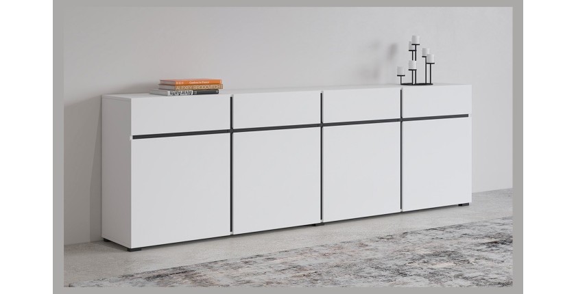 Buffet XL in Weiß und Schwarz, 225 cm, Kollektion HAVANA. Sideboard im Design mit 4 Türen und 4 Schubladen.