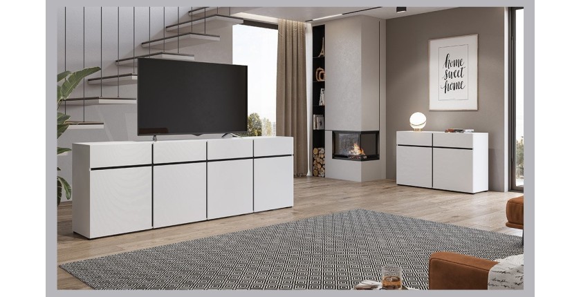 Buffet XL in Weiß und Schwarz, 225 cm, Kollektion HAVANA. Sideboard im Design mit 4 Türen und 4 Schubladen.