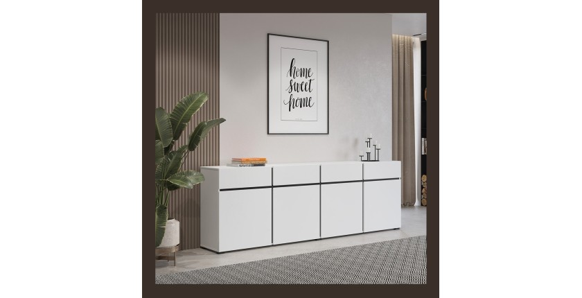 Buffet XL in Weiß und Schwarz, 225 cm, Kollektion HAVANA. Sideboard im Design mit 4 Türen und 4 Schubladen.