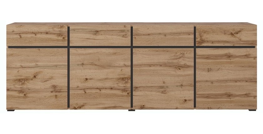 Buffet XL Eichenfarben und Schwarz 225cm Kollektion HAVANA. Sideboard Design mit 4 Türen und 4 Schubladen.