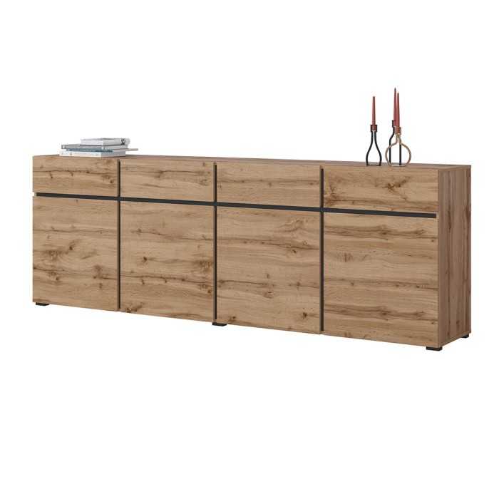 Buffet XL color roble y negro 225cm colección HAVANA. Aparador de diseño con 4 puertas y 4 cajones.
