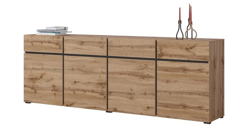 Buffet XL Eichenfarben und Schwarz 225cm Kollektion HAVANA. Sideboard Design mit 4 Türen und 4 Schubladen.
