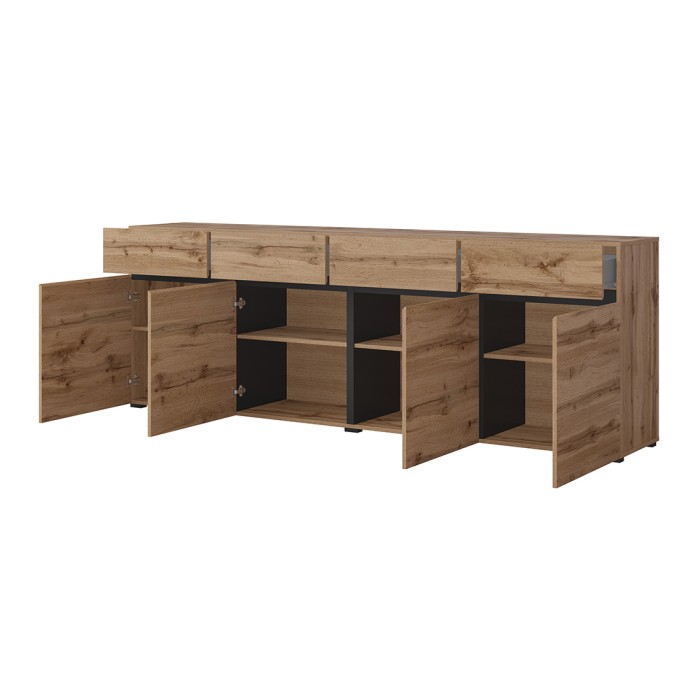Buffet XL color roble y negro 225cm colección HAVANA. Aparador de diseño con 4 puertas y 4 cajones.