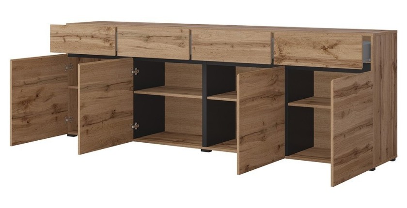 Buffet XL Eichenfarben und Schwarz 225cm Kollektion HAVANA. Sideboard Design mit 4 Türen und 4 Schubladen.