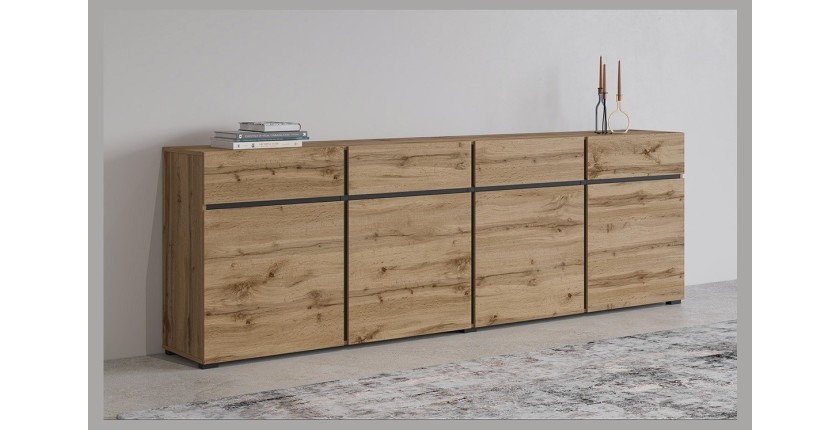 Buffet XL Eichenfarben und Schwarz 225cm Kollektion HAVANA. Sideboard Design mit 4 Türen und 4 Schubladen.