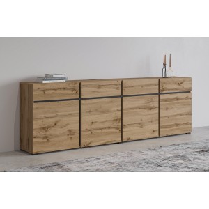 Buffet XL Eichenfarben und Schwarz 225cm Kollektion HAVANA. Sideboard Design mit 4 Türen und 4 Schubladen.