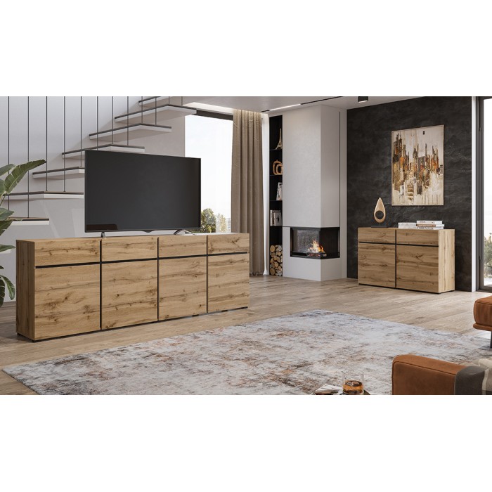 Buffet XL color roble y negro 225cm colección HAVANA. Aparador de diseño con 4 puertas y 4 cajones.