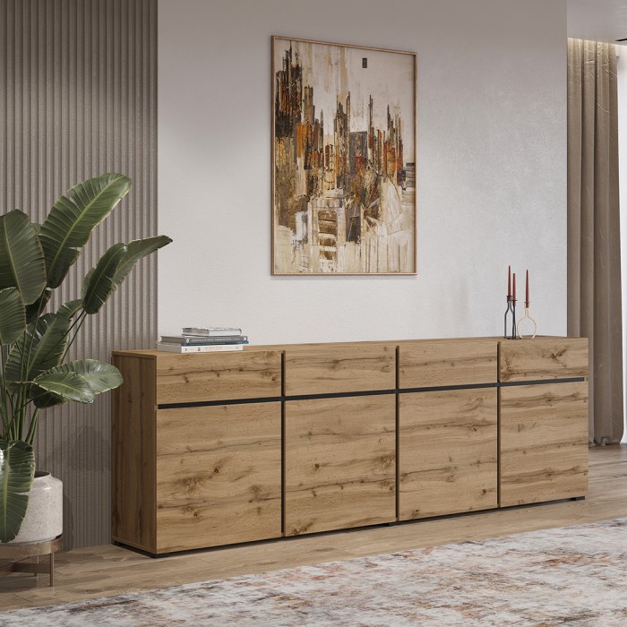 Buffet XL color roble y negro 225cm colección HAVANA. Aparador de diseño con 4 puertas y 4 cajones.