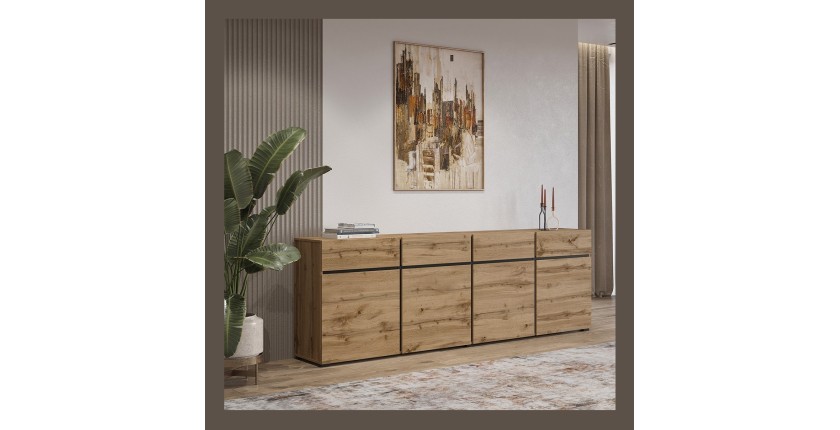 Buffet XL Eichenfarben und Schwarz 225cm Kollektion HAVANA. Sideboard Design mit 4 Türen und 4 Schubladen.