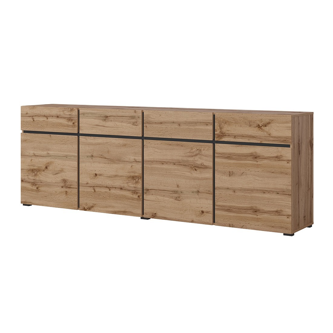 Buffet XL Eichenfarben und Schwarz 225cm Kollektion HAVANA. Sideboard Design mit 4 Türen und 4 Schubladen.