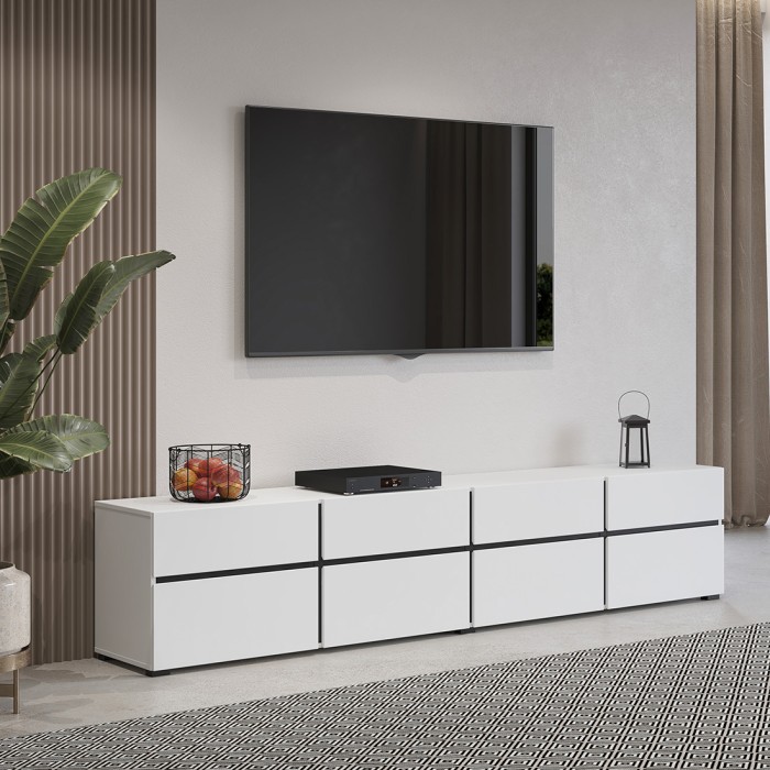 Mueble de TV XL color blanco y negro 225cm colección HAVANA. Mueble de diseño con 4 puertas y 4 cajones.