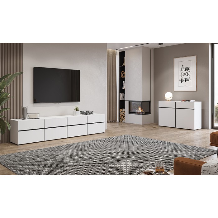 Mueble de TV XL color blanco y negro 225cm colección HAVANA. Mueble de diseño con 4 puertas y 4 cajones.