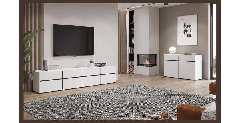 Mueble para TV XL en colores blanco y negro 225cm colección HAVANA. Mueble de diseño con 4 puertas y 4 cajones.