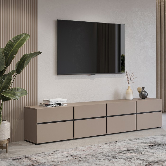 Mobile TV XL color beige e nero 225cm collezione HAVANA. Mobile design con 4 porte e 4 cassetti.