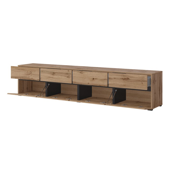 Möbelstück TV XL Farbe Eiche und Schwarz 225cm Kollektion HAVANA. Designermöbel mit 4 Türen und 4 Schubladen.