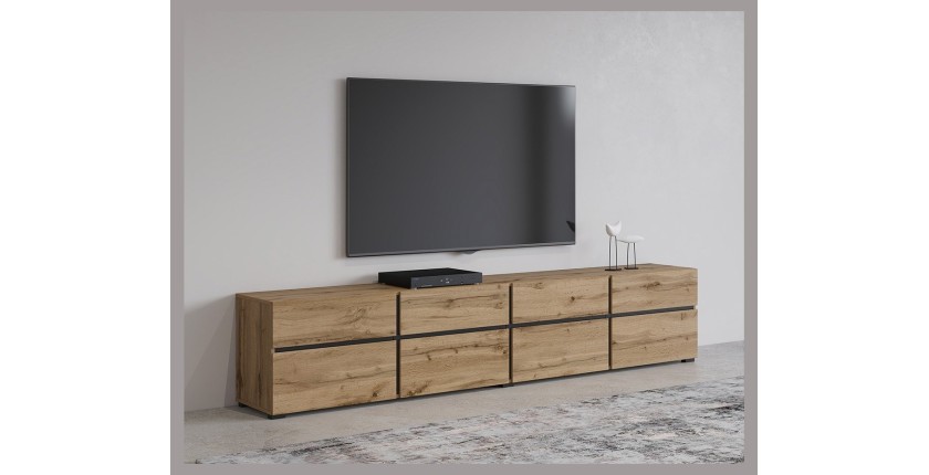 Mobile TV XL colori rovere e nero 225cm collezione HAVANA. Mobile design con 4 porte e 4 cassetti.