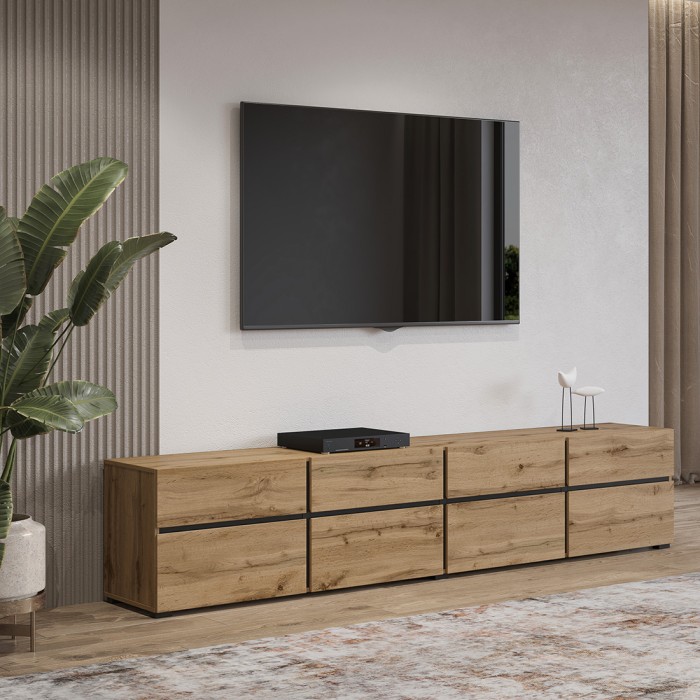 Möbelstück TV XL Farbe Eiche und Schwarz 225cm Kollektion HAVANA. Designermöbel mit 4 Türen und 4 Schubladen.