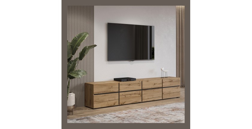Mobile TV XL colori rovere e nero 225cm collezione HAVANA. Mobile design con 4 porte e 4 cassetti.