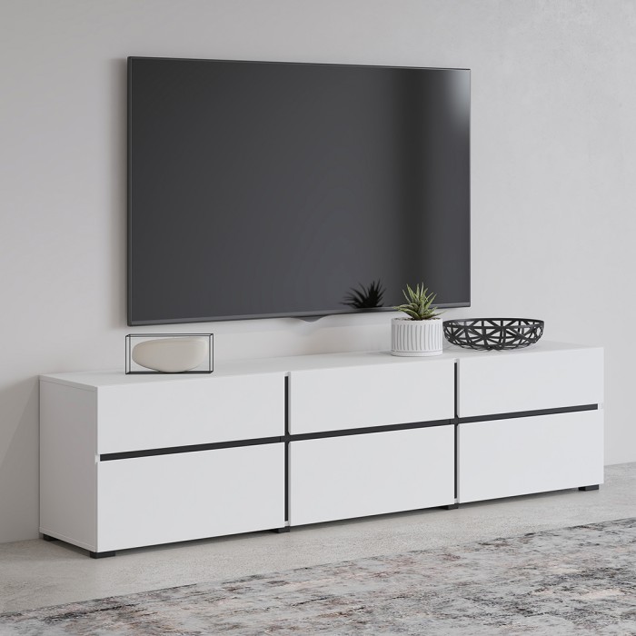 Mobile TV 180cm colori bianco e nero collezione HAVANA. Mobile design con 3 porte e 3 cassetti.