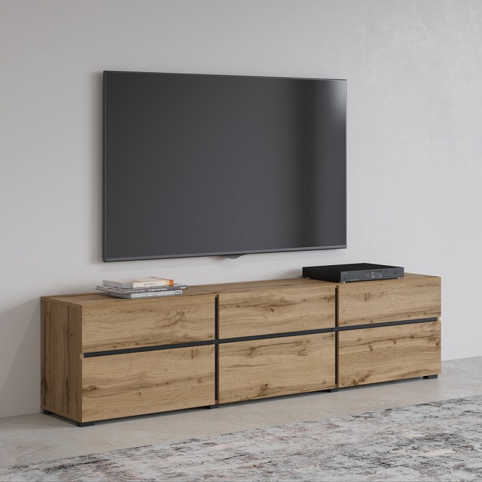 Mobile TV 180cm color rovere e nero collezione HAVANA. Mobile design con 3 porte e 3 cassetti.