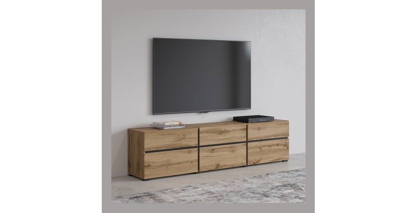 Mueble para TV de 180cm en color roble y negro colección HAVANA. Mueble de diseño con 3 puertas y 3 cajones.