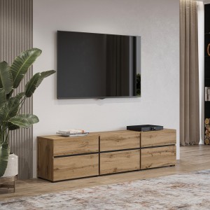 Mueble para TV de 180cm en color roble y negro colección HAVANA. Mueble de diseño con 3 puertas y 3 cajones.