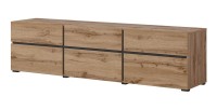 Meuble TV 180cm coloris chêne et noir collection HAVANA. Meuble design avec 3 portes et 3 tiroirs.