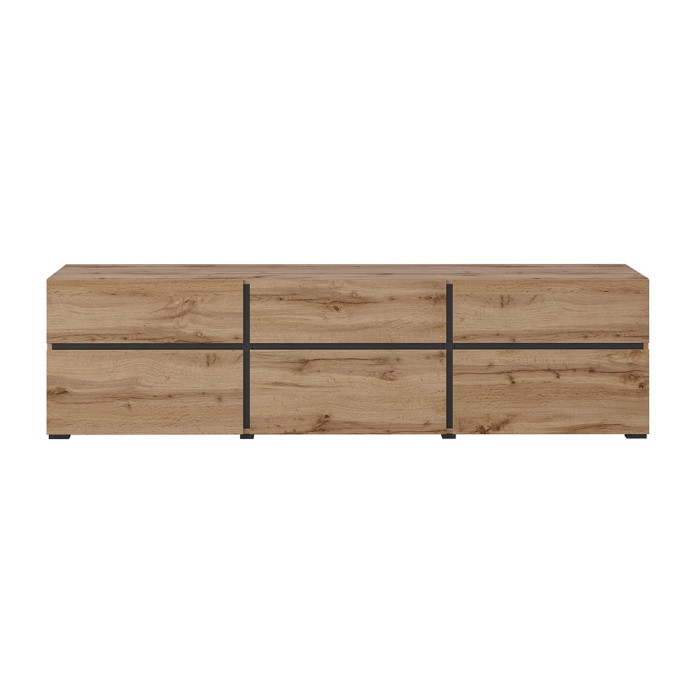 Meuble TV 180cm coloris chêne et noir collection HAVANA. Meuble design avec 3 portes et 3 tiroirs.