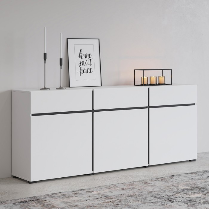 Buffet in Weiß und Schwarz 180 cm Kollektion HAVANA. Sideboard Design mit 3 Türen und 3 Schubladen.