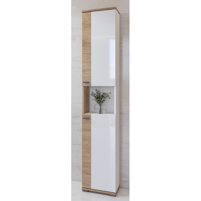 Kolomkast voor badkamer uit de BALEA collectie – 2 deuren en 1 vak, kleur wit en eiken