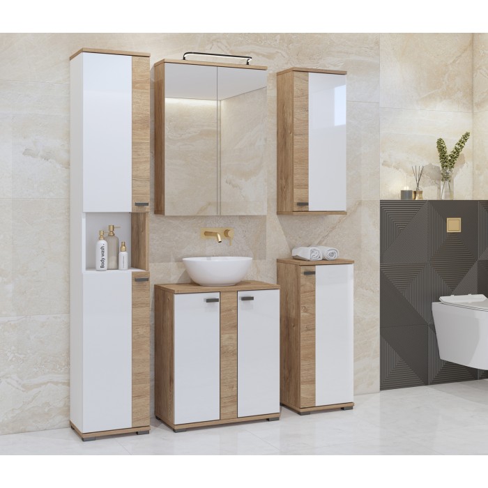 Kolomkast voor badkamer uit de BALEA collectie – 2 deuren en 1 vak, kleur wit en eiken