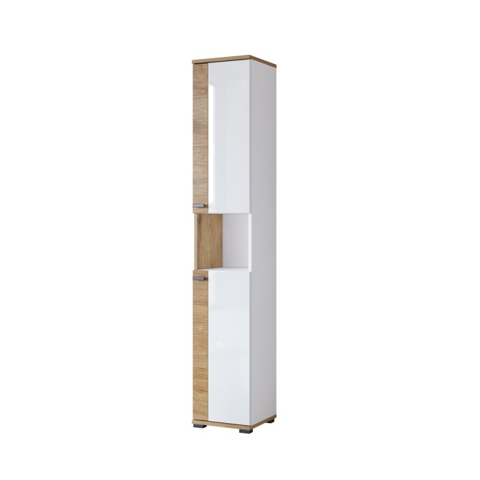 Colonne de salle de bain collection BALEA – 2 portes et 1 niche, coloris blanc et chêne