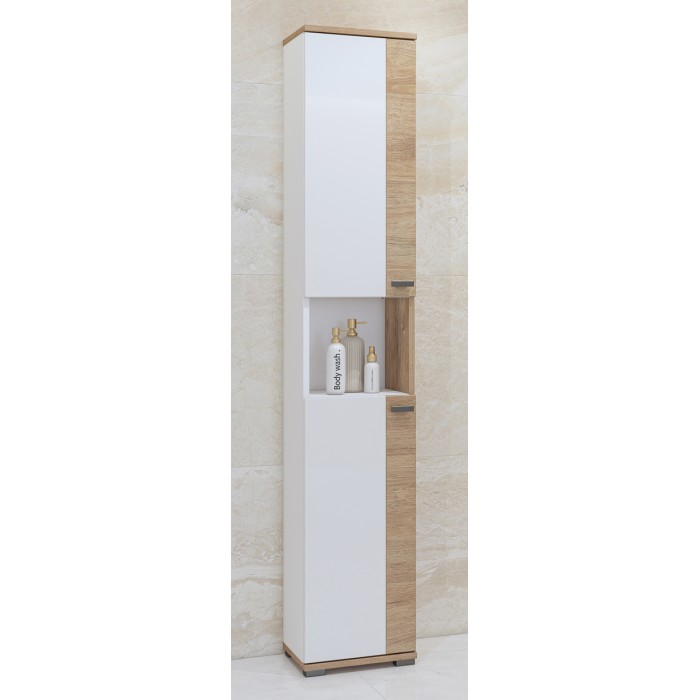 Colonne de salle de bain collection BALEA – 2 portes et 1 niche, coloris blanc et chêne
