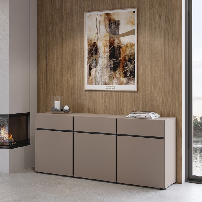Buffet beige en zwart 180cm collectie HAVANA. Dressoir design met 3 deuren en 3 laden.