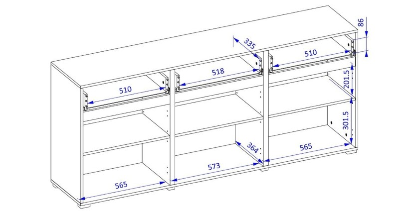 Buffet Eichen- und Schwarztöne 180cm Kollektion HAVANA. Sideboard Design mit 3 Türen und 3 Schubladen.