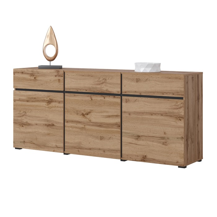 Buffet Farbe Eiche und Schwarz 180cm Kollektion HAVANA. Sideboard Design mit 3 Türen und 3 Schubladen.