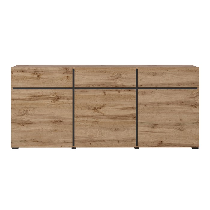 Buffet Farbe Eiche und Schwarz 180cm Kollektion HAVANA. Sideboard Design mit 3 Türen und 3 Schubladen.