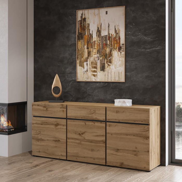Buffet Farbe Eiche und Schwarz 180cm Kollektion HAVANA. Sideboard Design mit 3 Türen und 3 Schubladen.